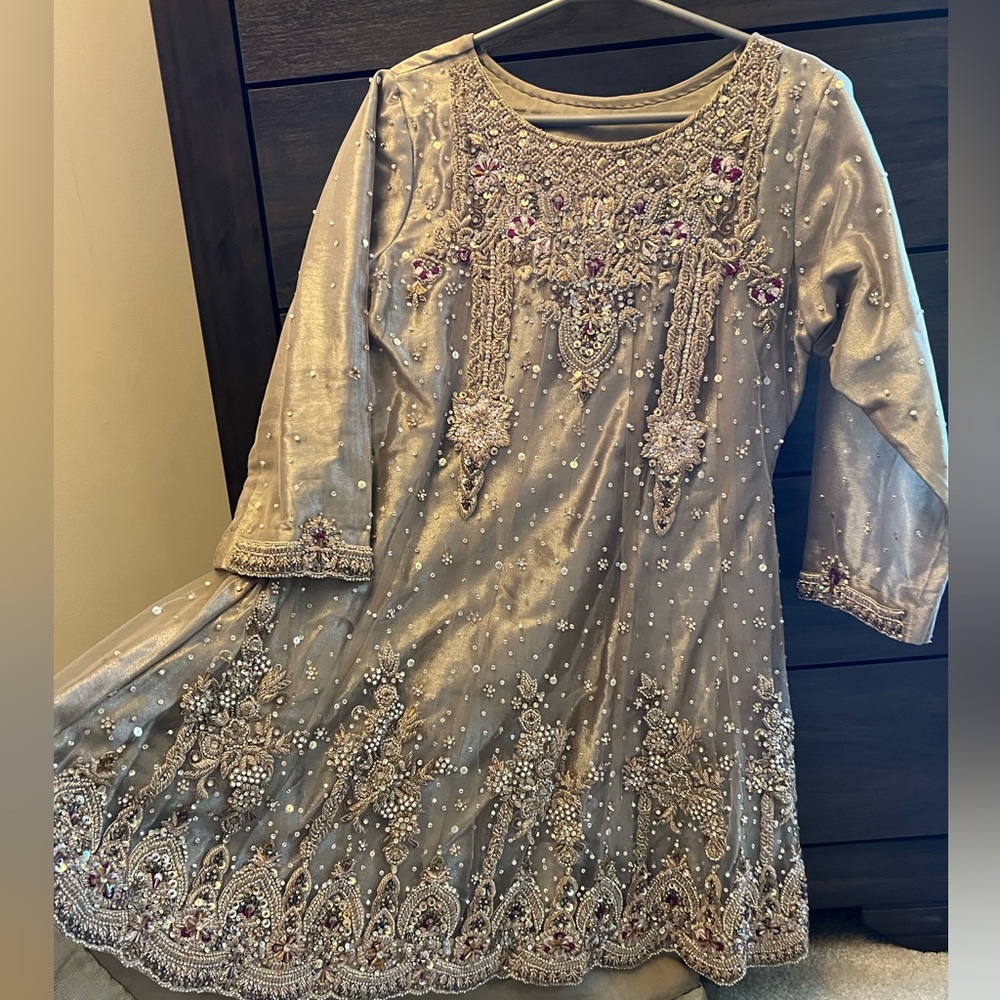 Hand zari work pakistani/indian dress (frok trousers dupata) in large size.